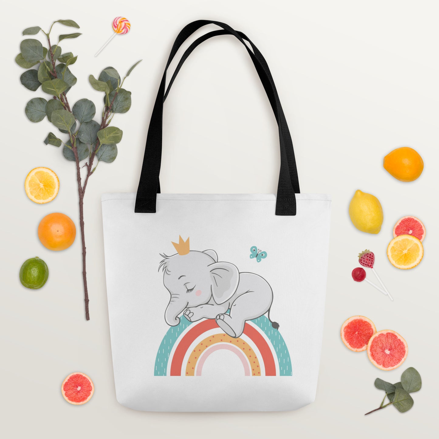 Baby Tote Bag Elephant Sleeping on Rainbow